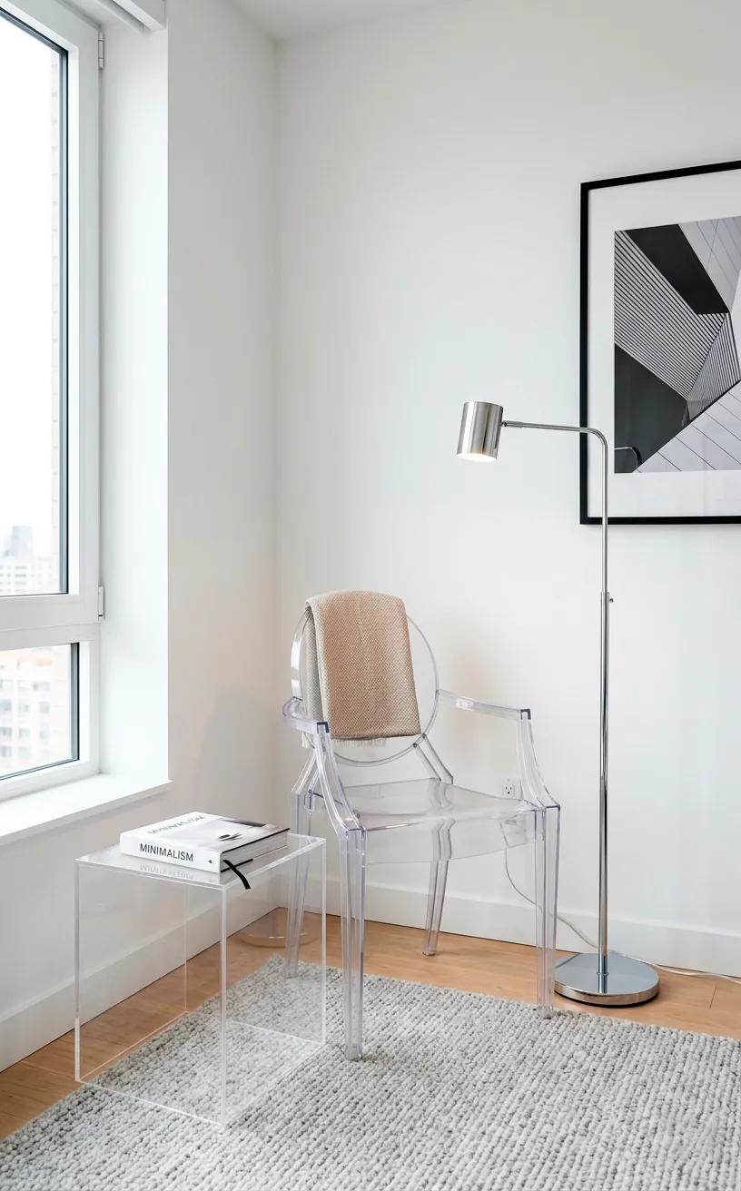Clear acrylic ghost chair and transparent side table in a modern minimalist reading corner.