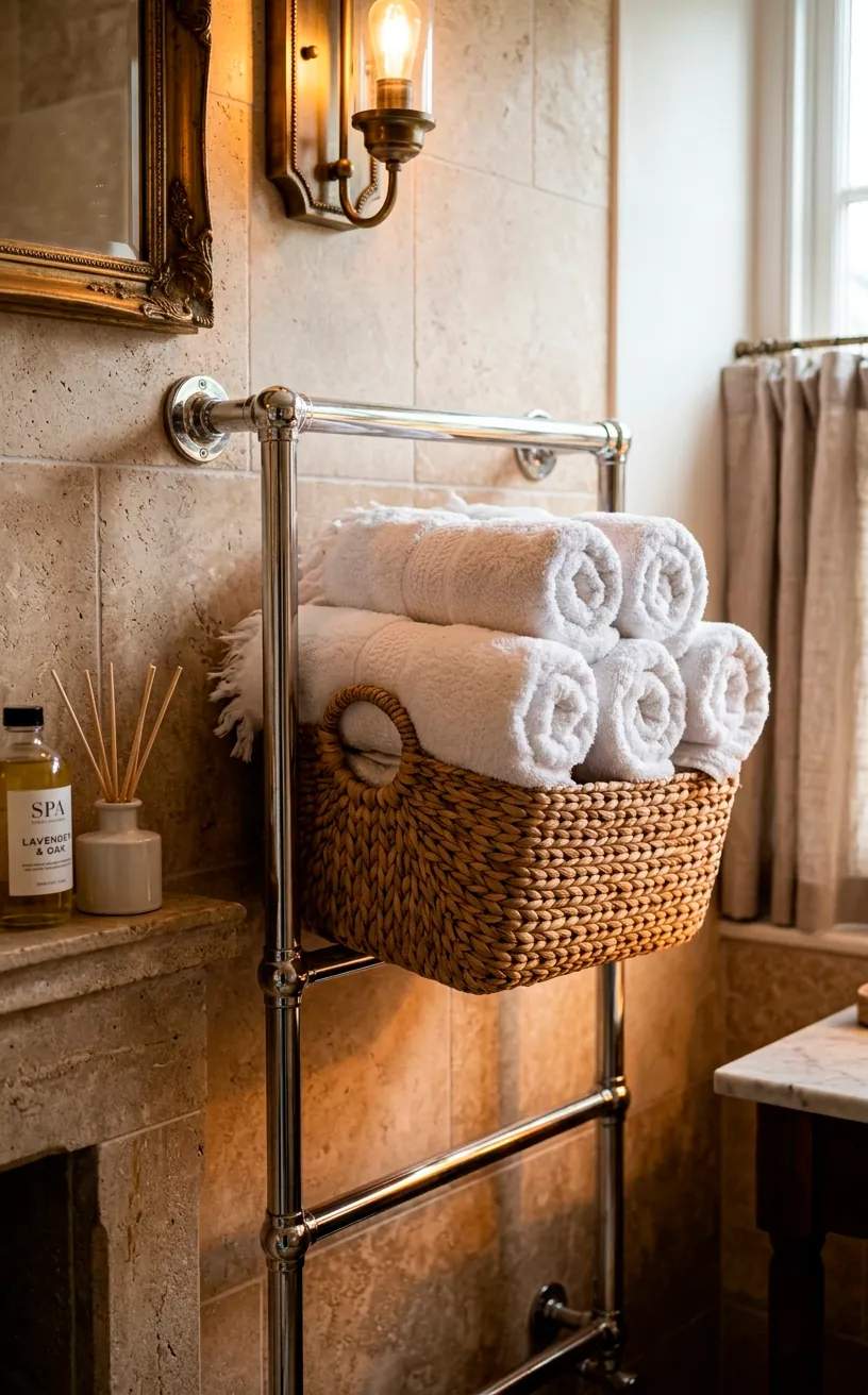Plush white cotton towels rolled in a rattan basket on a heated towel rack.