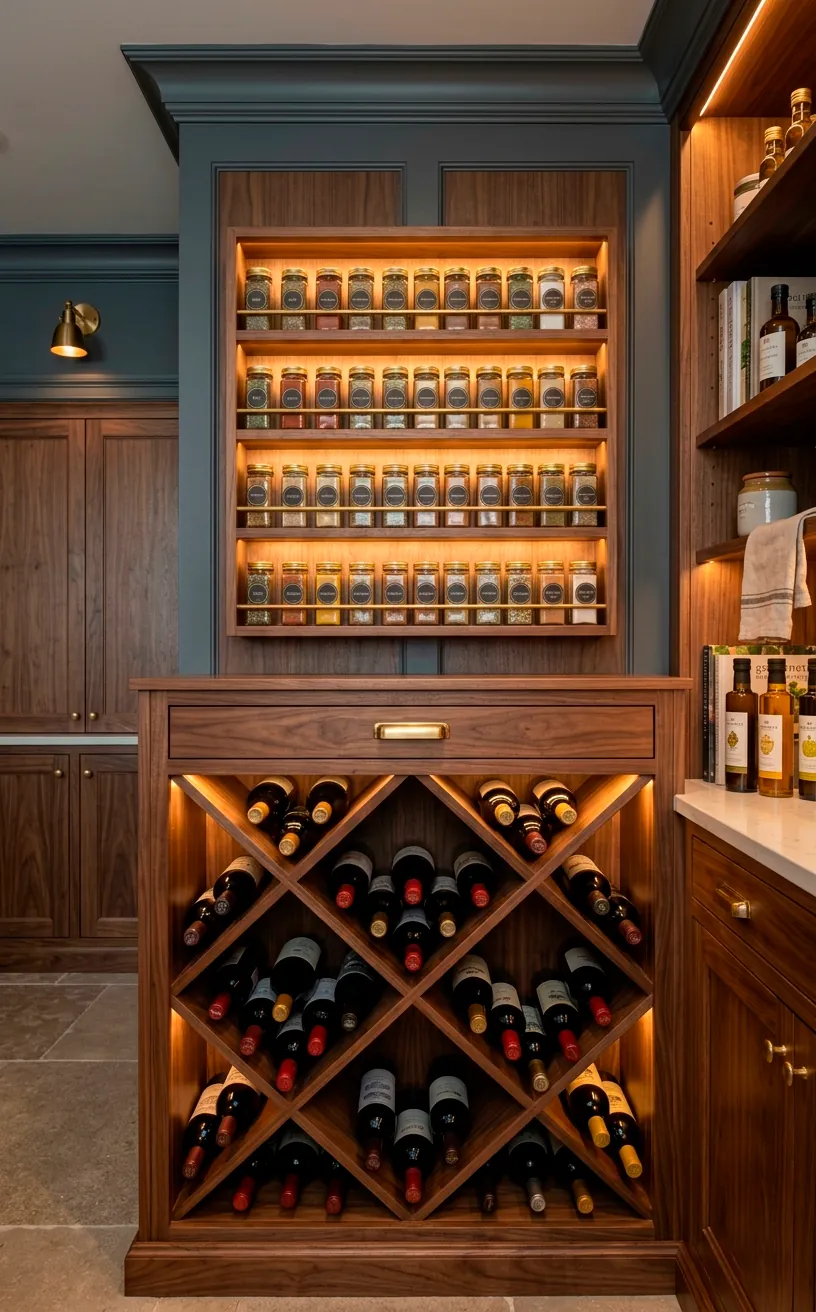 Custom walnut pantry cabinetry featuring an integrated X-pattern wine rack and a tiered spice shelf.