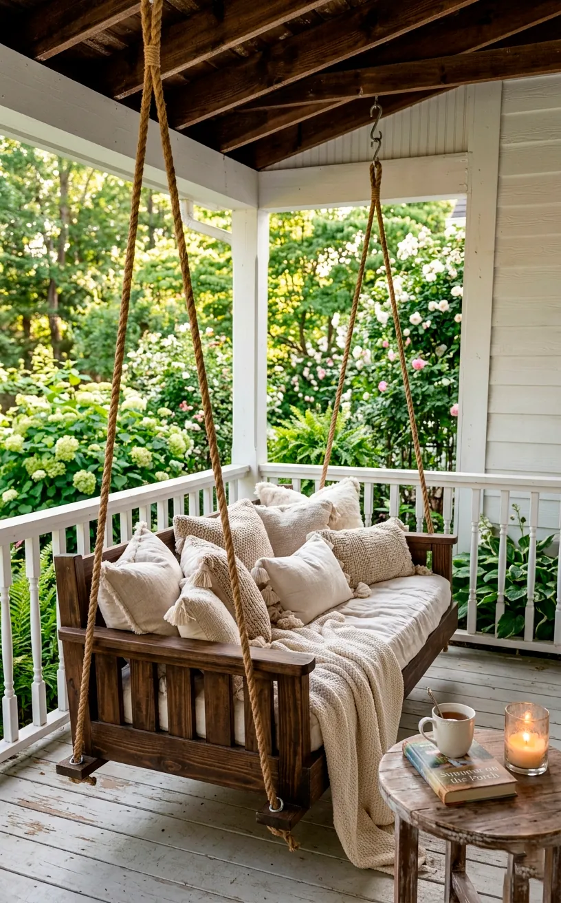 Bed-sized wooden porch swing filled with cozy pillows hanging in the corner of a white wrap-around porch.