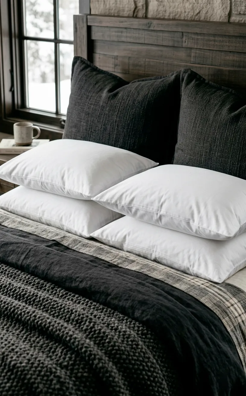 Crisp white sleeping pillows stacked perfectly on a layered bed.