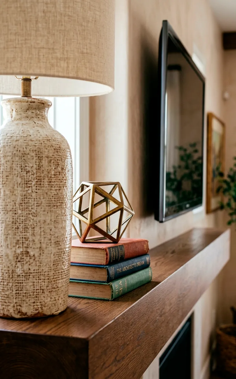 Mantel styling featuring a tall lamp and stacked books for varied height next to a TV