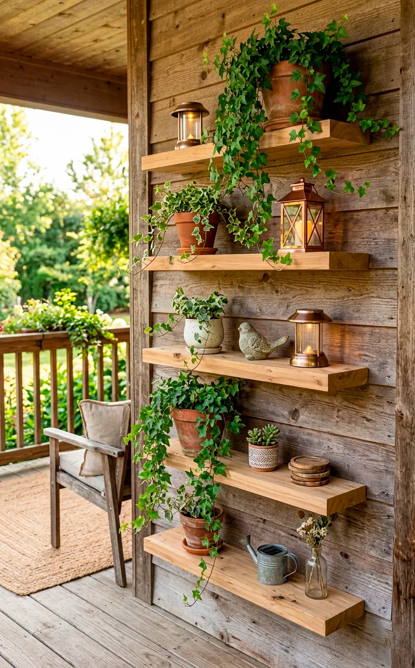 Weather-treated cedar floating shelves on a porch wall displaying cascading ivy and small solar lanterns.