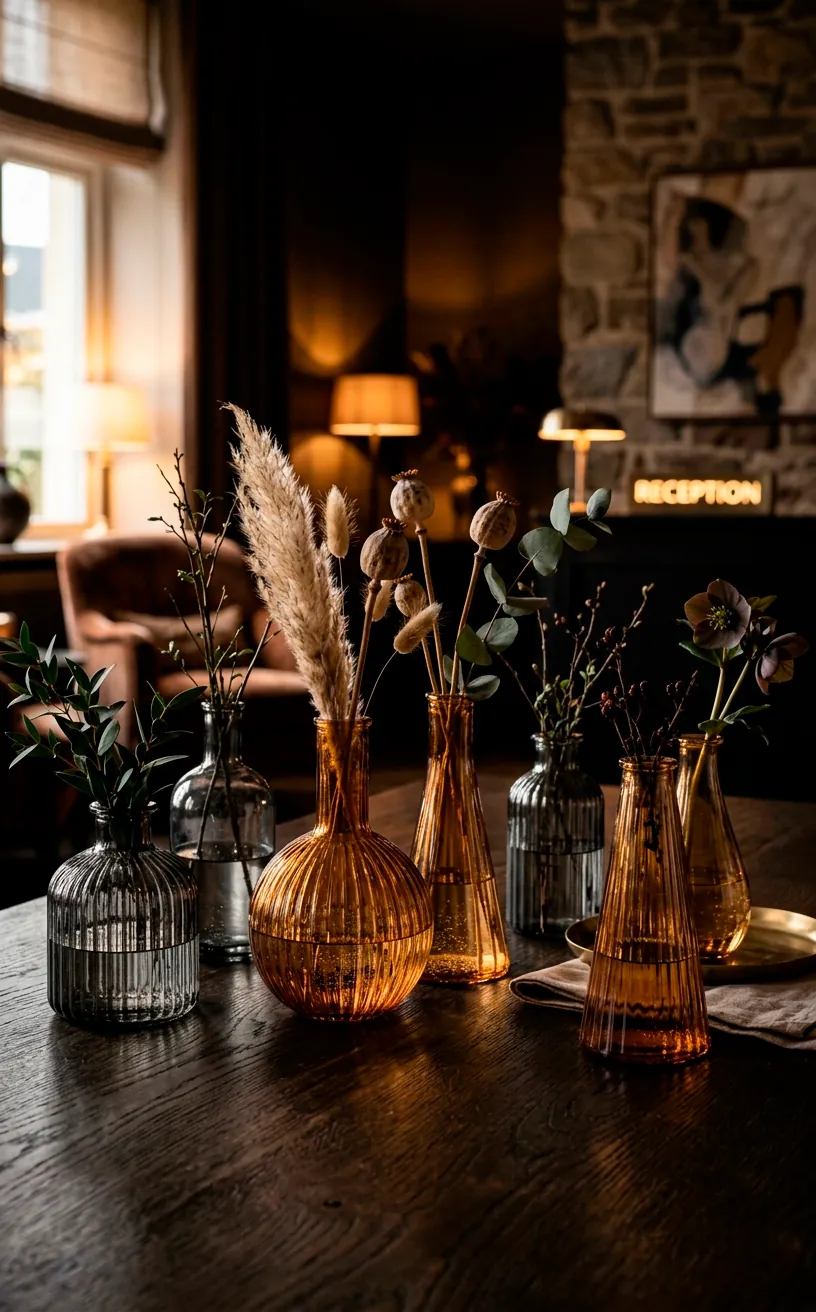 Amber and smoked gray ribbed glass vases on a moody elegant table