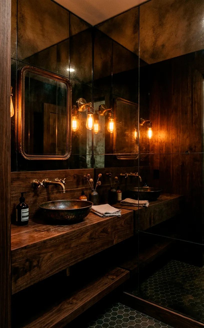 Smoked bronze glass mirror wall in a moody, speakeasy-style powder room