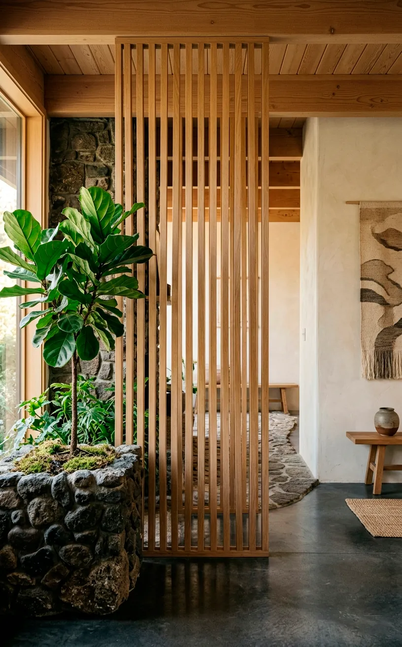 Slatted oak room divider bridging raw stone and soft silk elements in a Japandi foyer