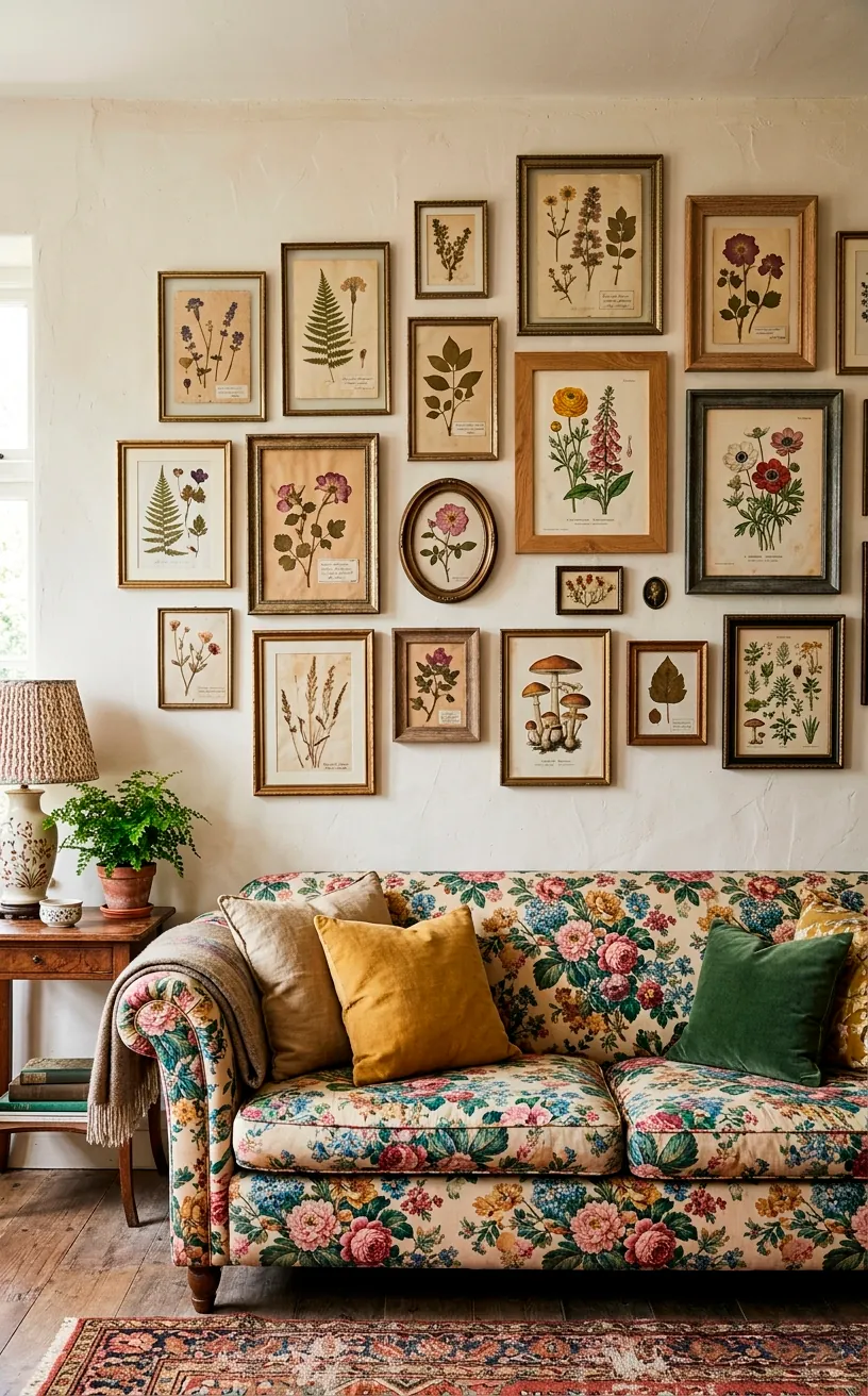 Asymmetrical gallery wall featuring vintage botanical prints and pressed flowers in mismatched frames