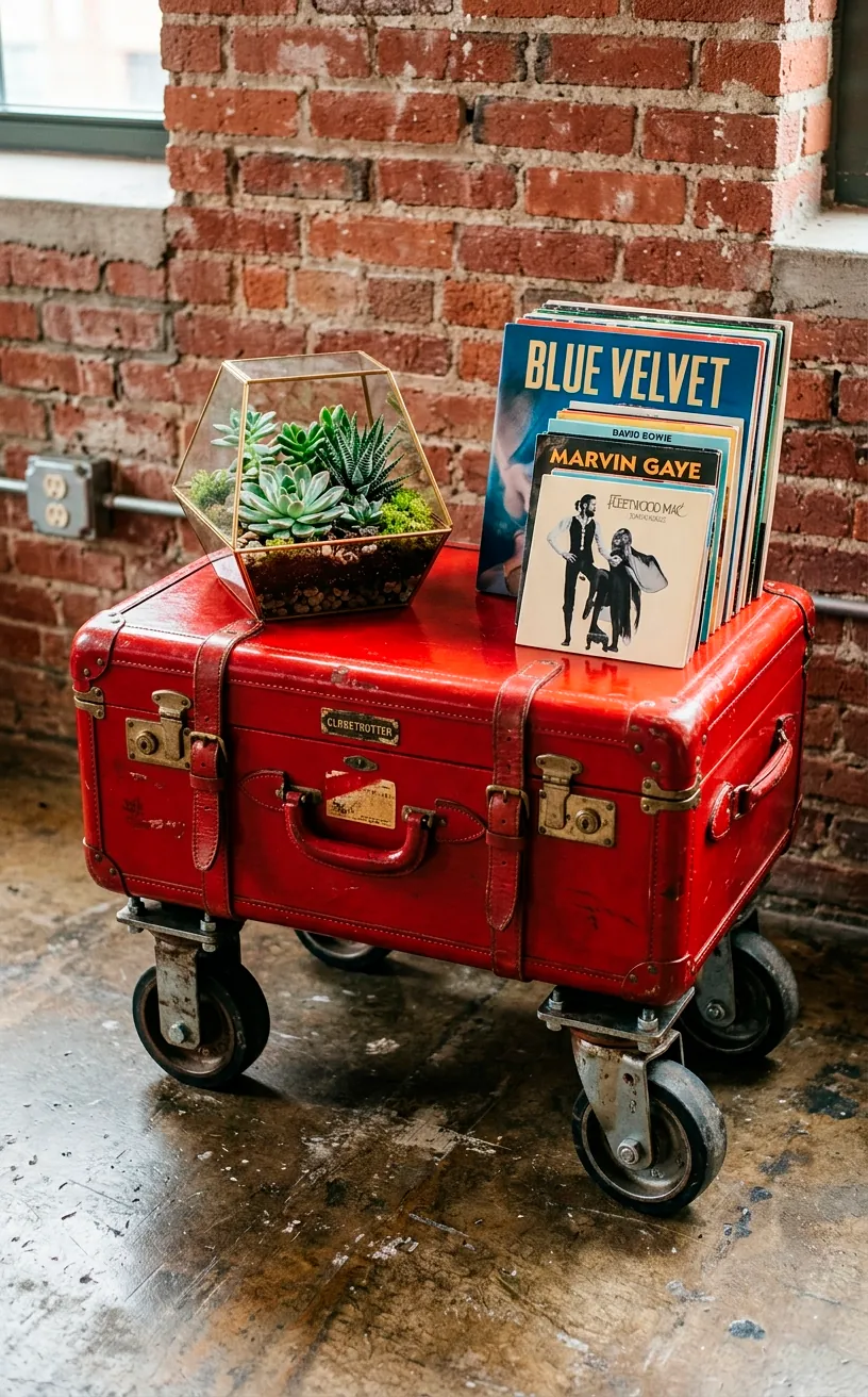 Bright red vintage suitcase table with industrial caster wheels on concrete floor.