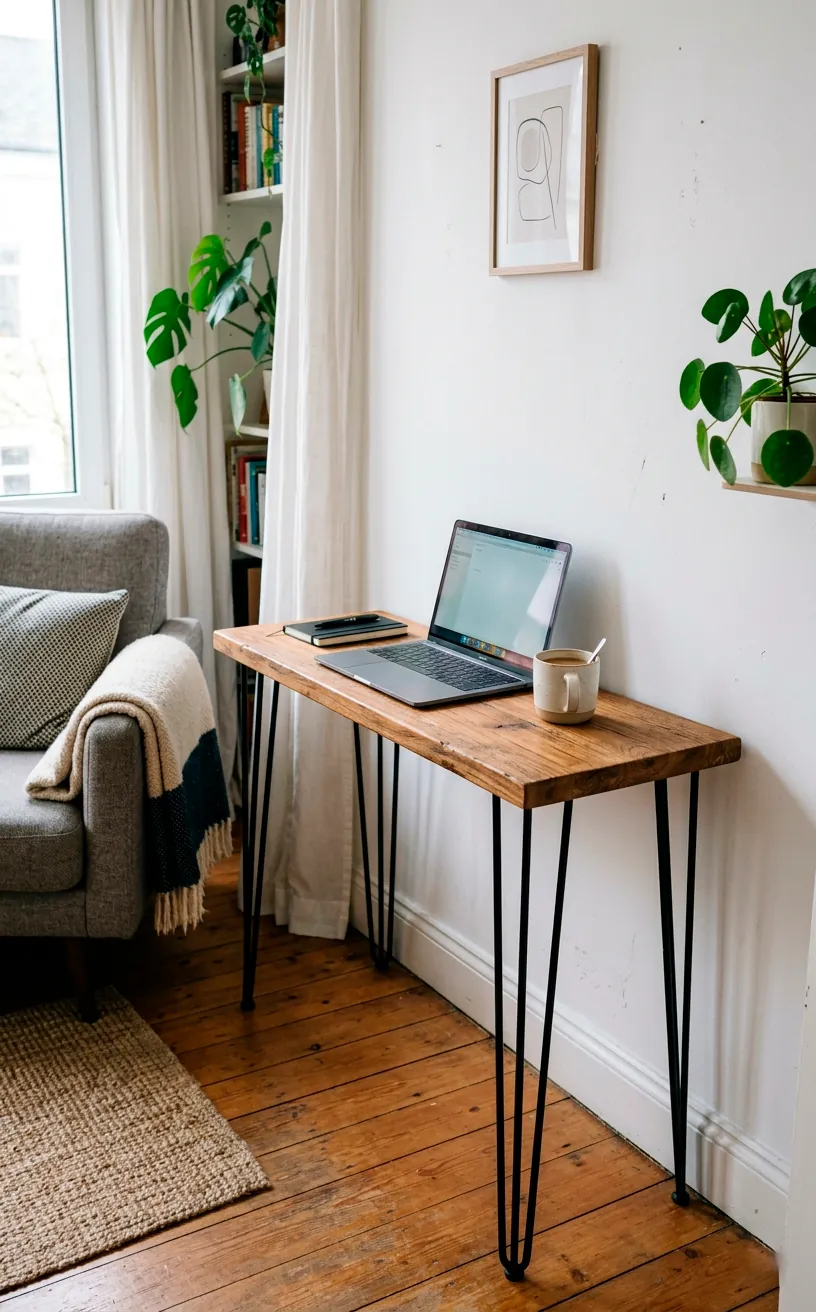 Slim teak desk with iron hairpin legs serving as a minimalist workspace in a small room.