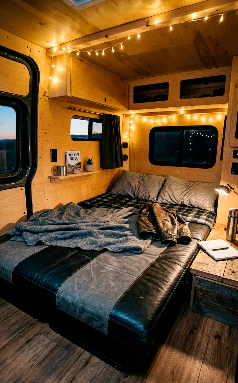 Modern rock and roll futon bed folded flat inside a minimalist camper van
