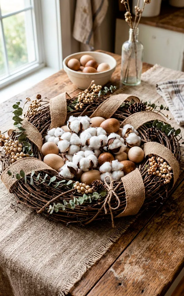 Grapevine nest wrapped in burlap ribbon with cotton bolls and wooden eggs.