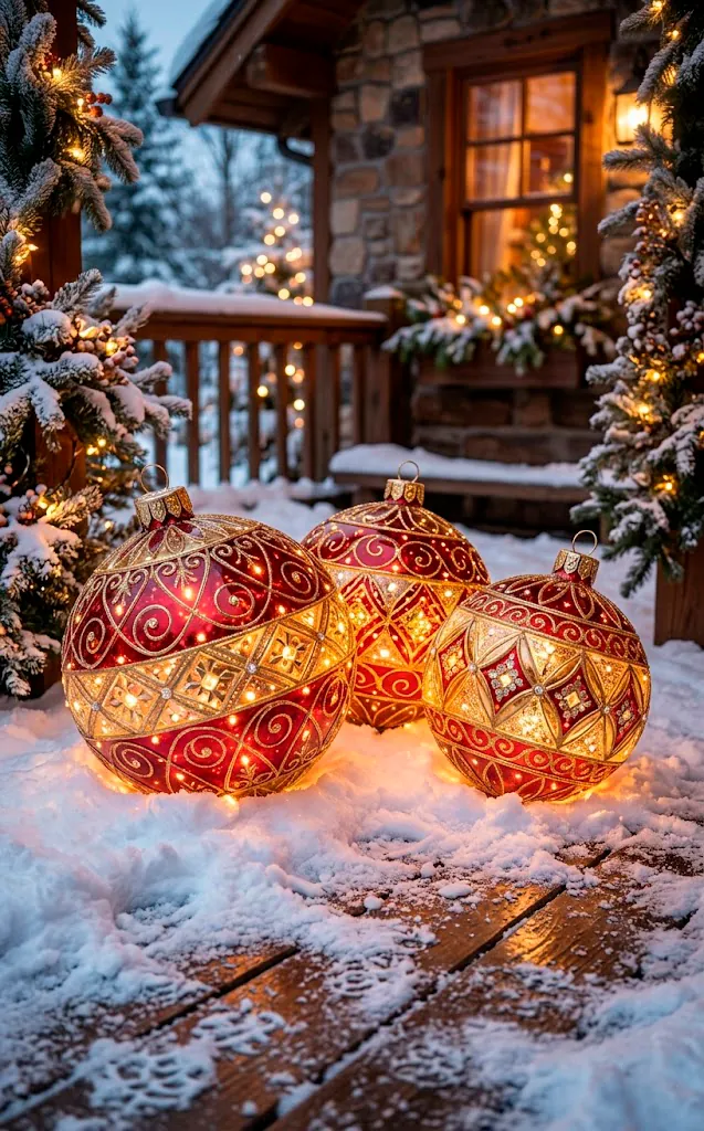 Oversized glowing red and gold Christmas ornaments sitting on a porch