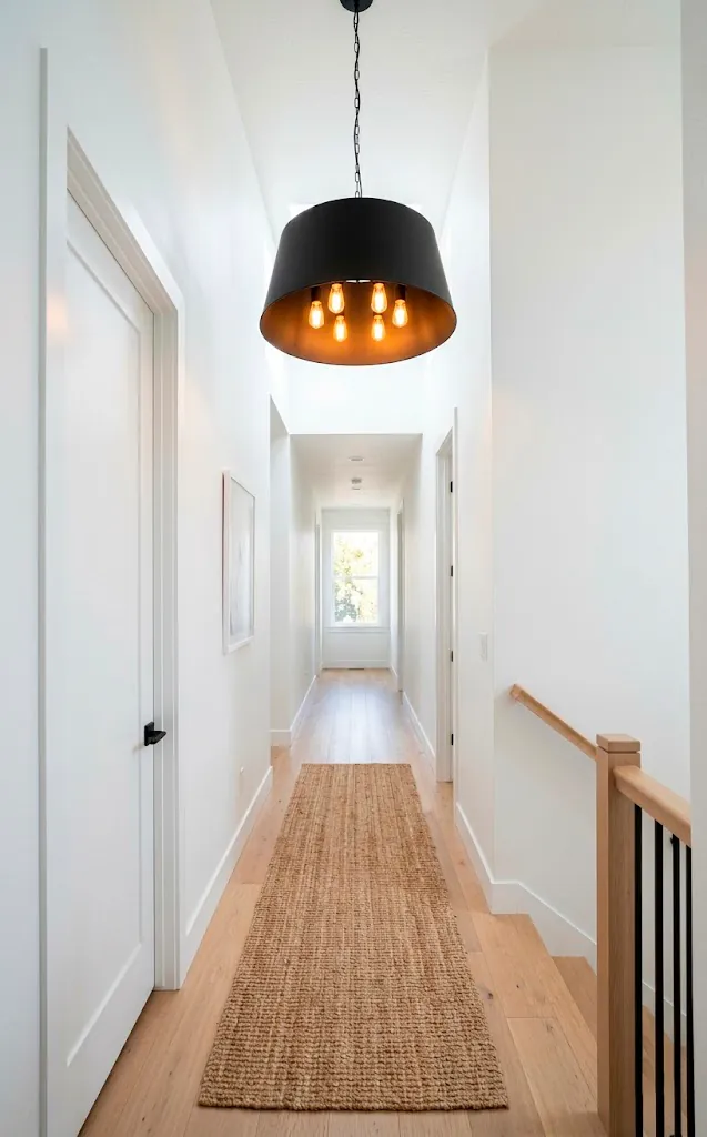 Behr Ultra Pure White tall hallway showcasing warm pendant lighting and a textured jute runner rug.