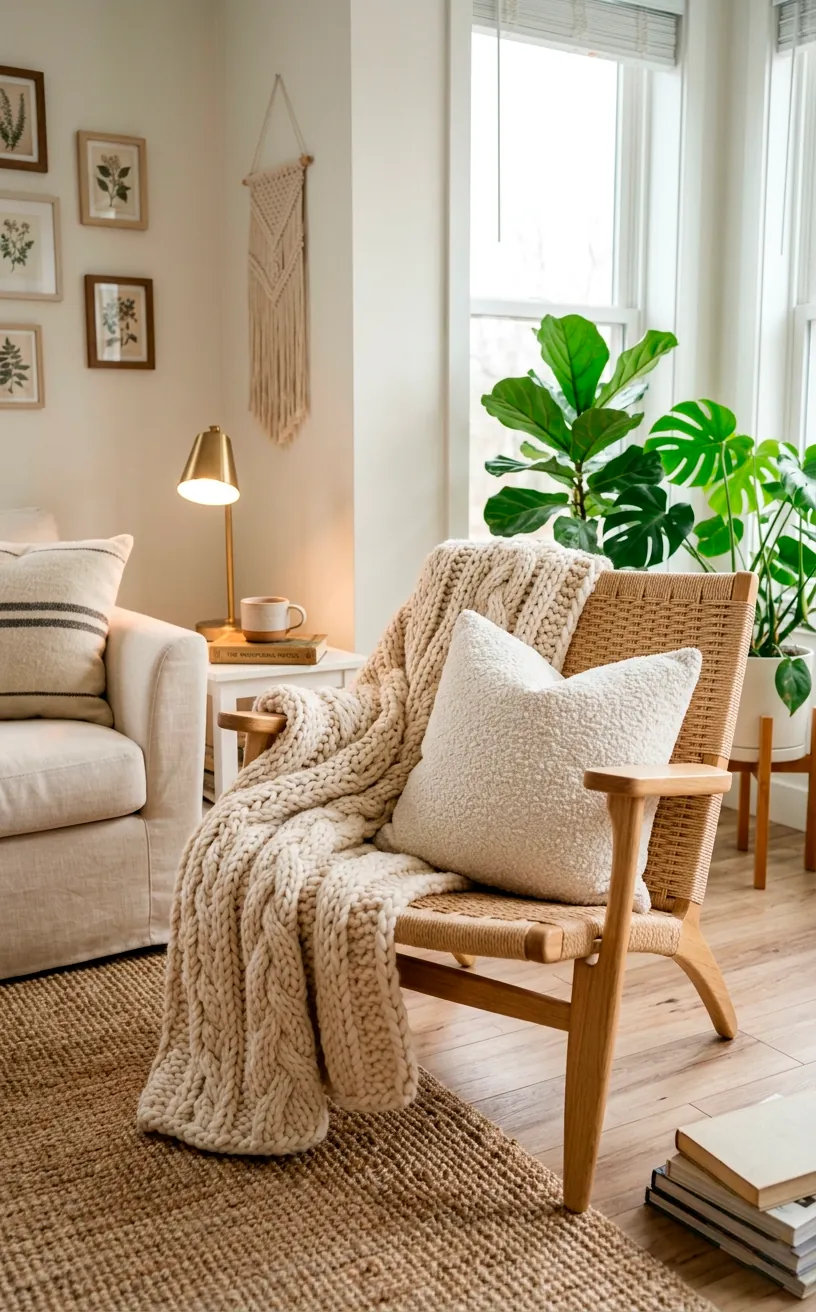 Light oak lounge chair styled with a chunky cream knit blanket and a white boucle pillow in a bright room.