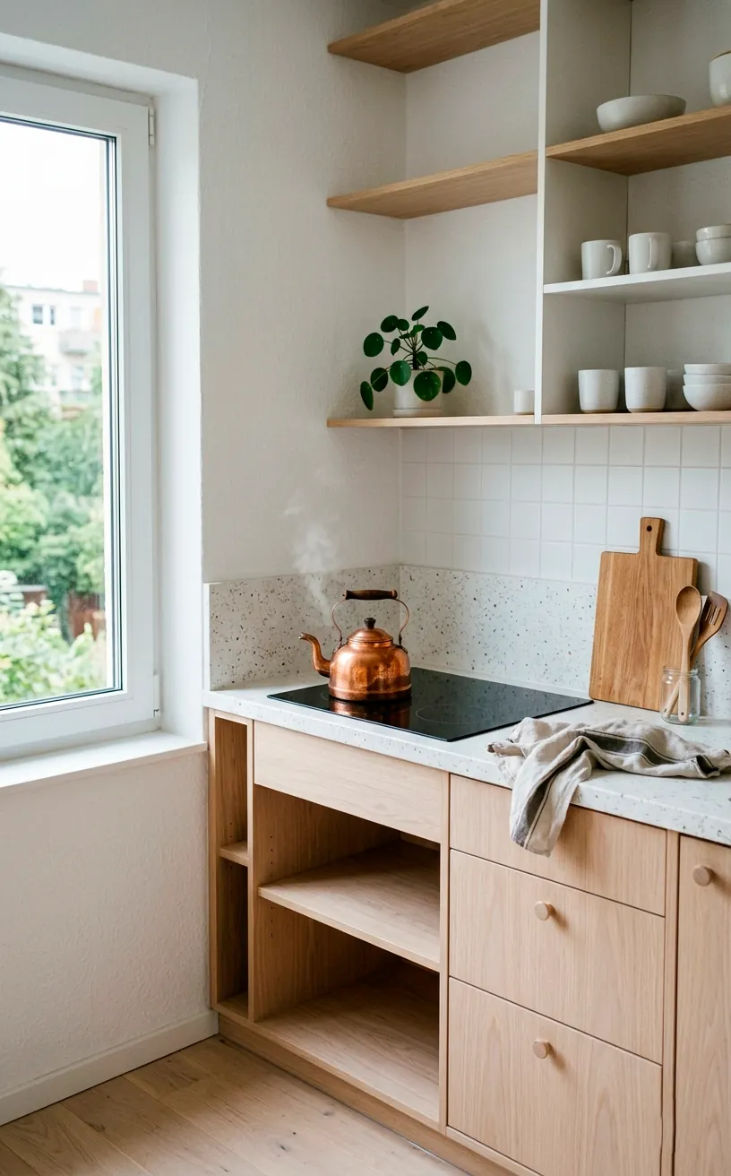 Bright minimalist Scandinavian kitchen with white walls and a copper kettle.