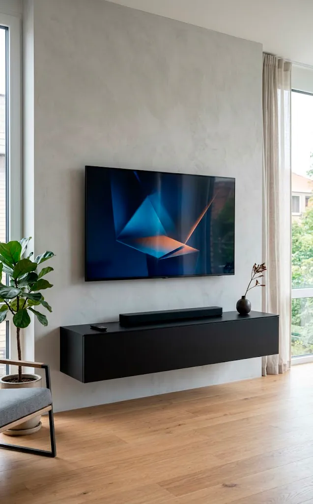 Wall mounted TV with perfectly hidden cables and wires.