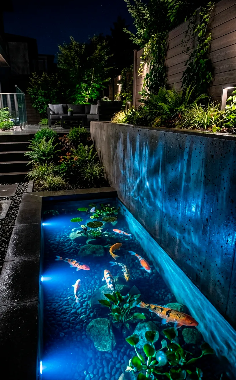 Modern pond glowing with deep blue smart underwater LED lights at night