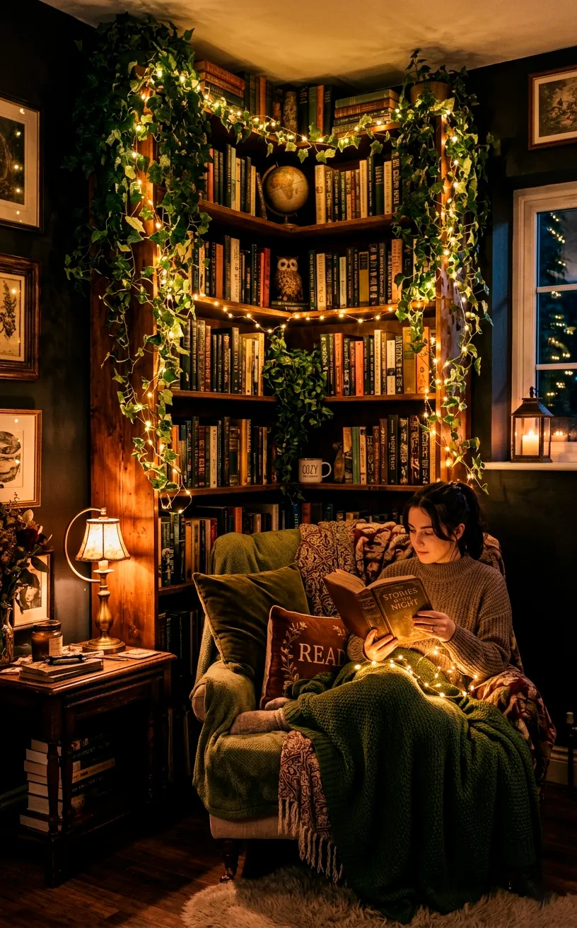 Dark wooden bookcase draped in trailing ivy illuminated by warm LED fairy lights at night.