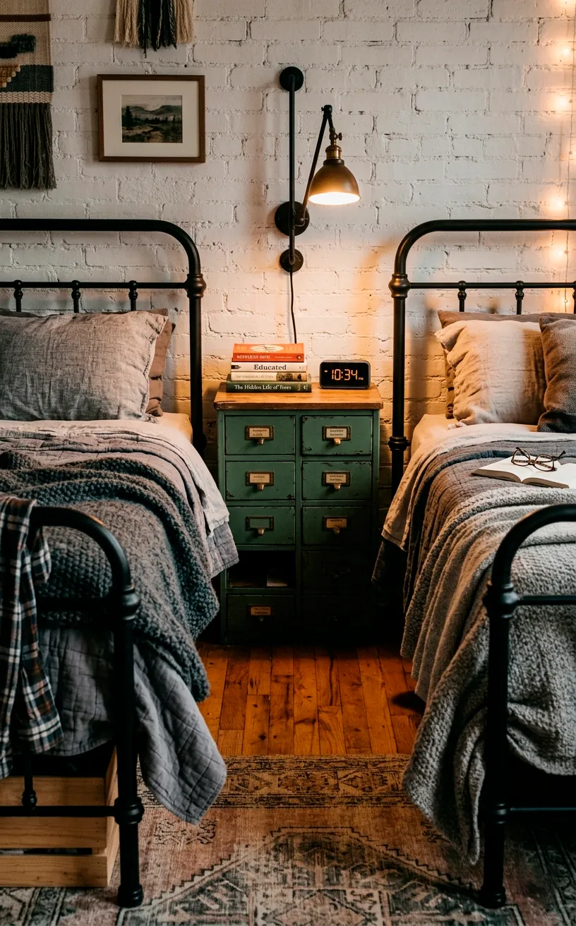 Vintage green metal apothecary cabinet used as a shared nightstand between two industrial twin beds.