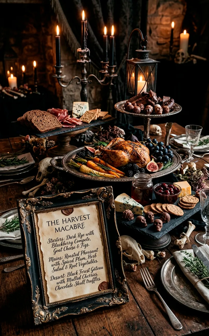 Gothic menu on parchment paper in a distressed frame next to silver serving trays
