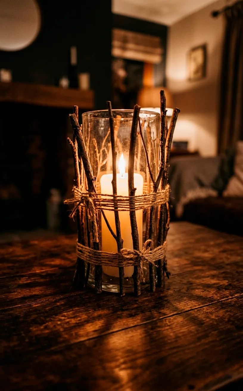 Glass vase wrapped in natural twigs with a lit pillar candle inside sitting on a table.