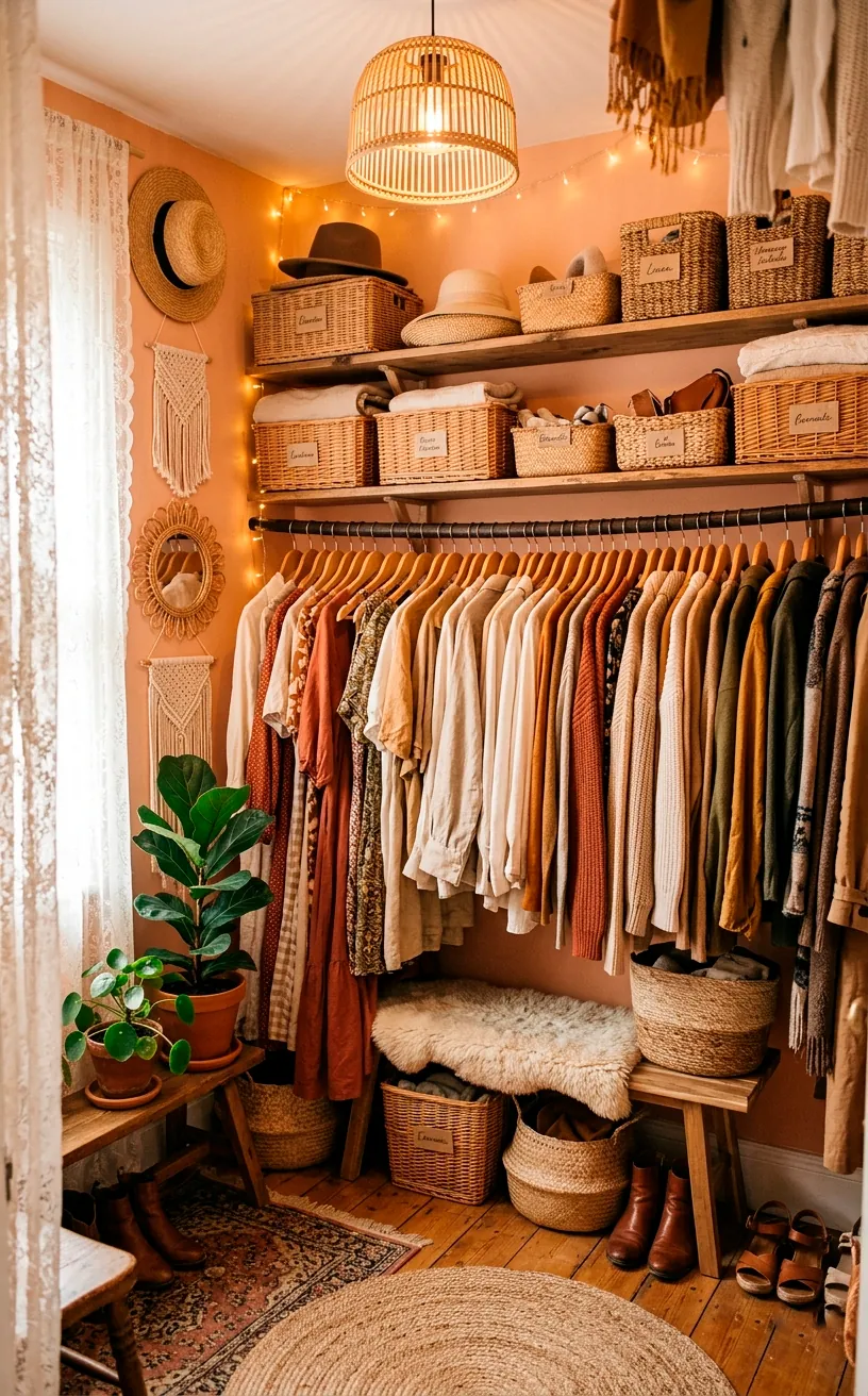 Peach fuzz colored dressing room with woven rattan storage baskets