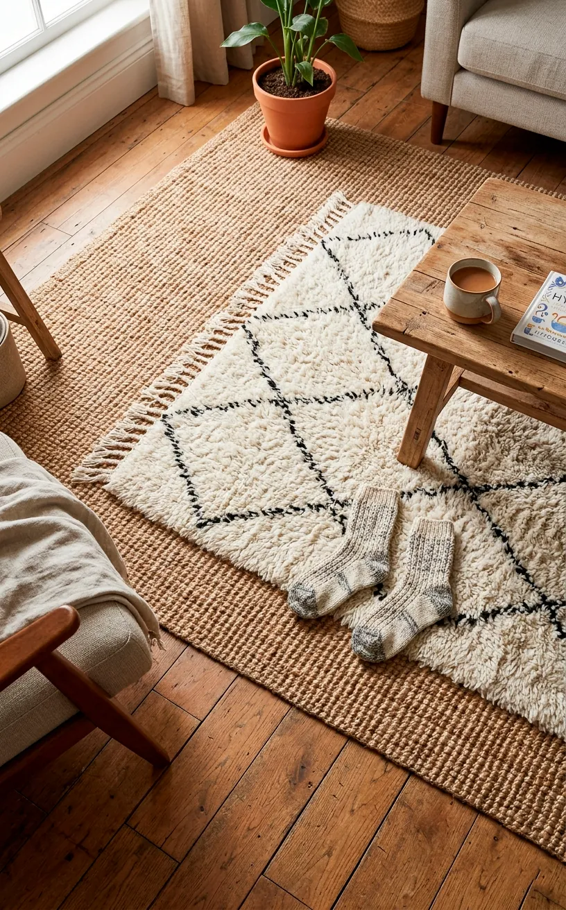 Layered rugs with a jute base and plush Moroccan top layer
