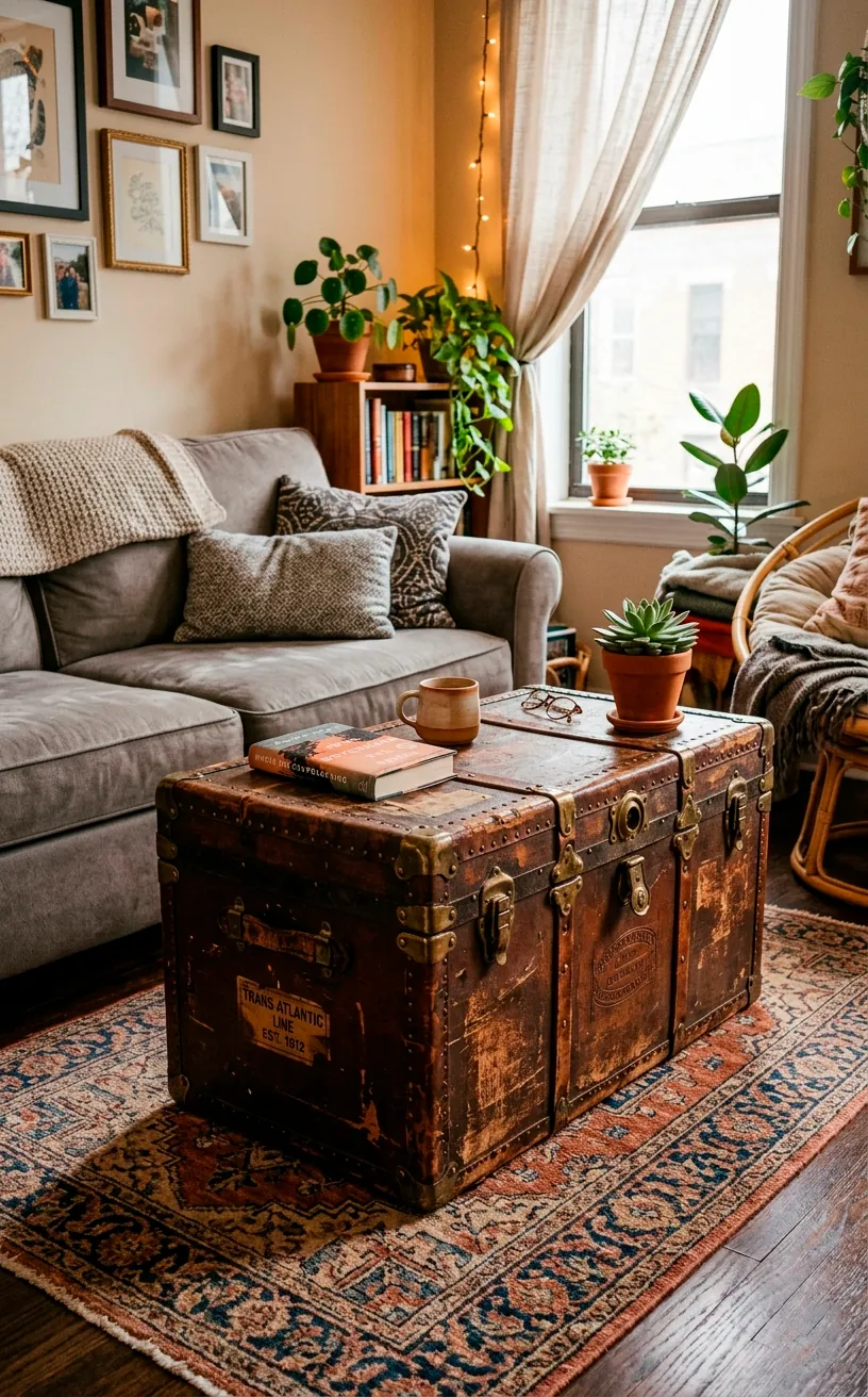 Distressed vintage steamer trunk used as a coffee table