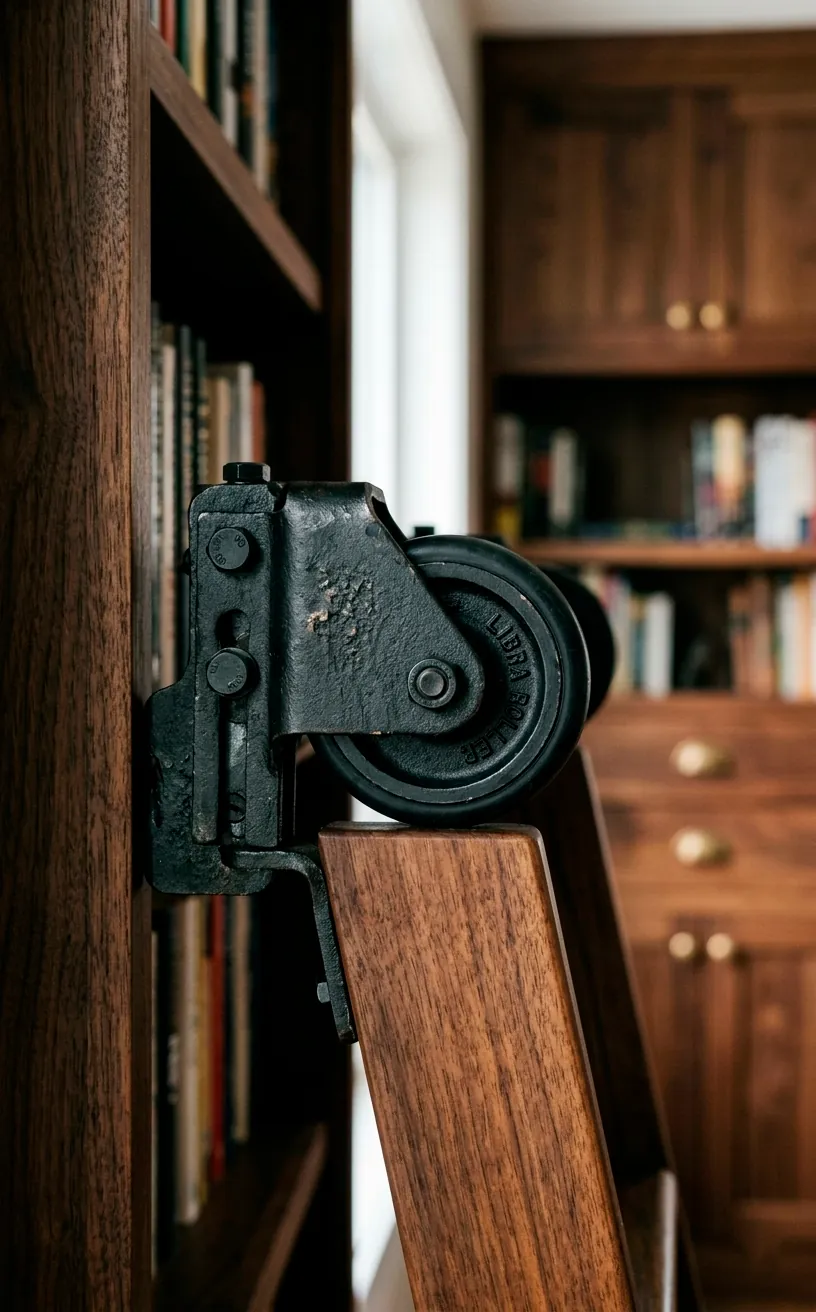 Close-up of matte black iron rolling ladder hardware on a walnut bookshelf.