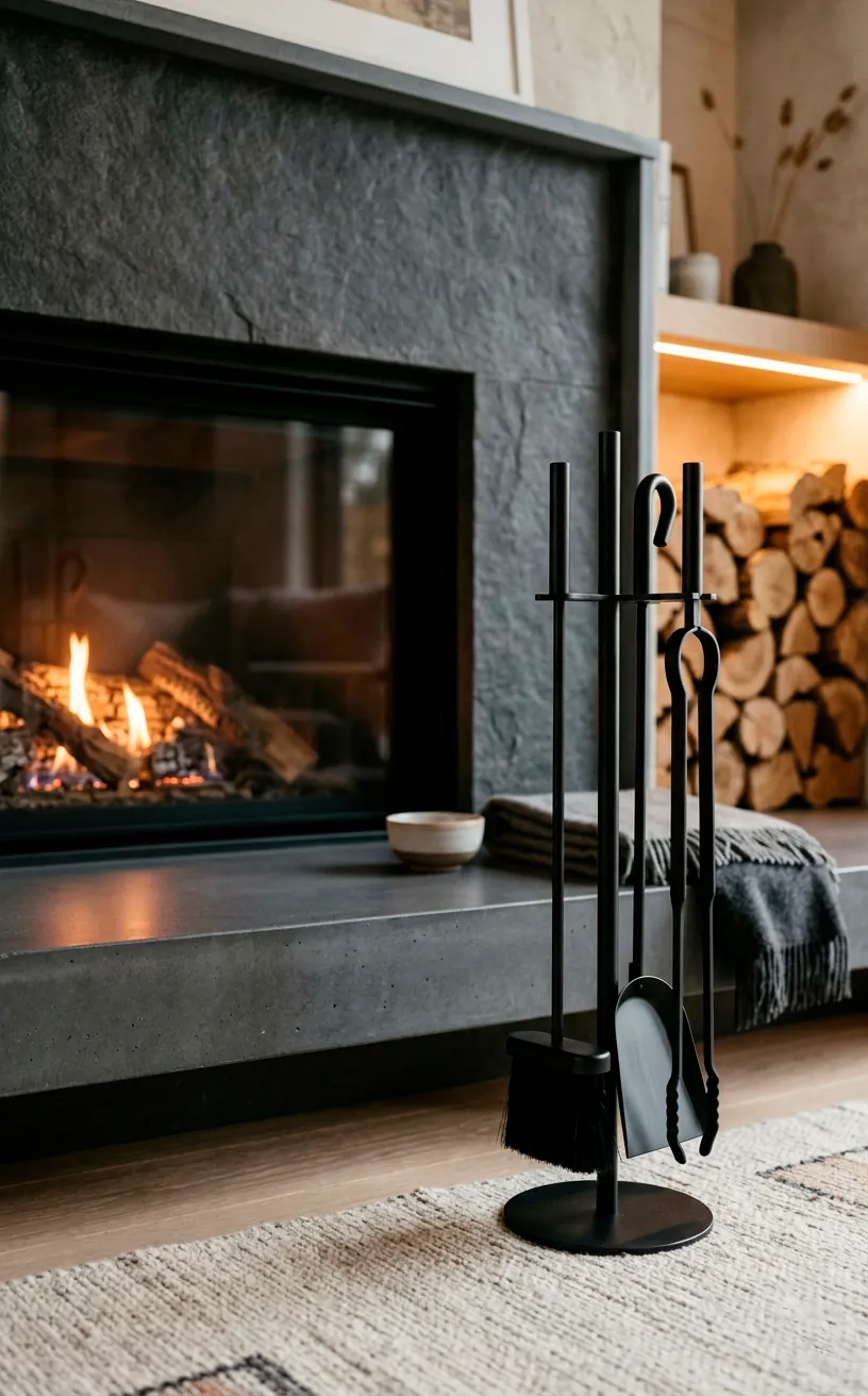 A sleek, matte black minimalist fireplace tool set next to a modern living room hearth.