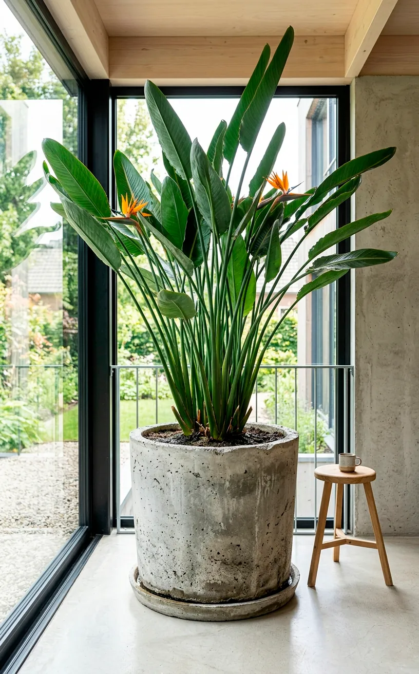 Massive raw concrete planter holding a green plant in a gray minimalist sunroom.