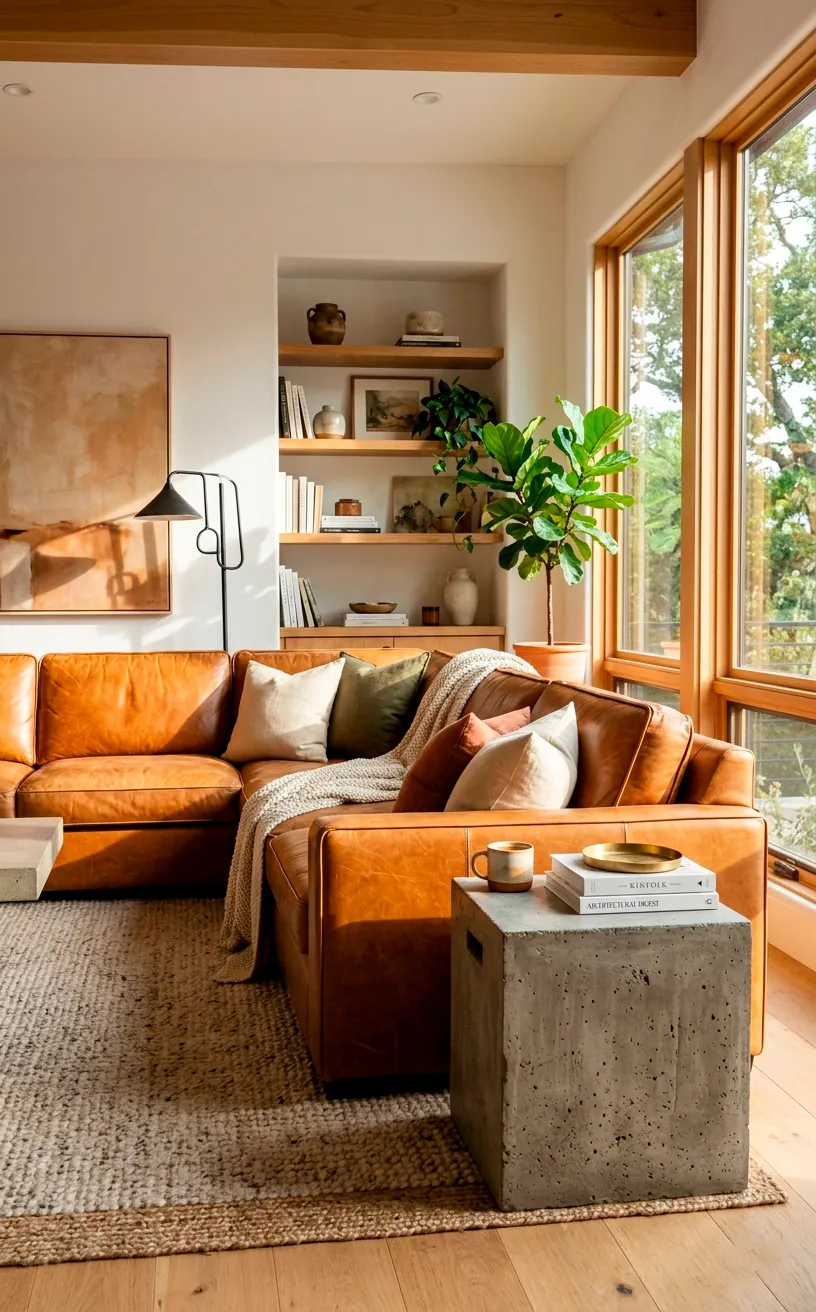 Caramel leather sectional sofa next to a raw concrete side table.