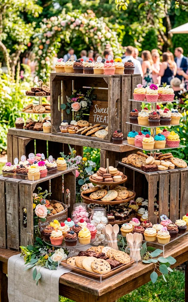 Dessert table using wooden crates and acrylic risers to create height