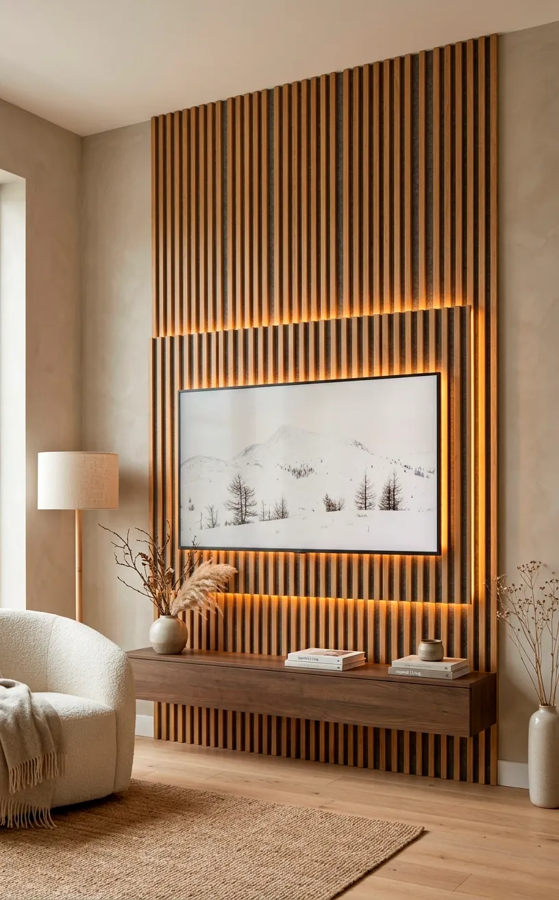 Vertical fluted acoustic wood slat panels with dark grey felt backing and subtle LED backlighting.