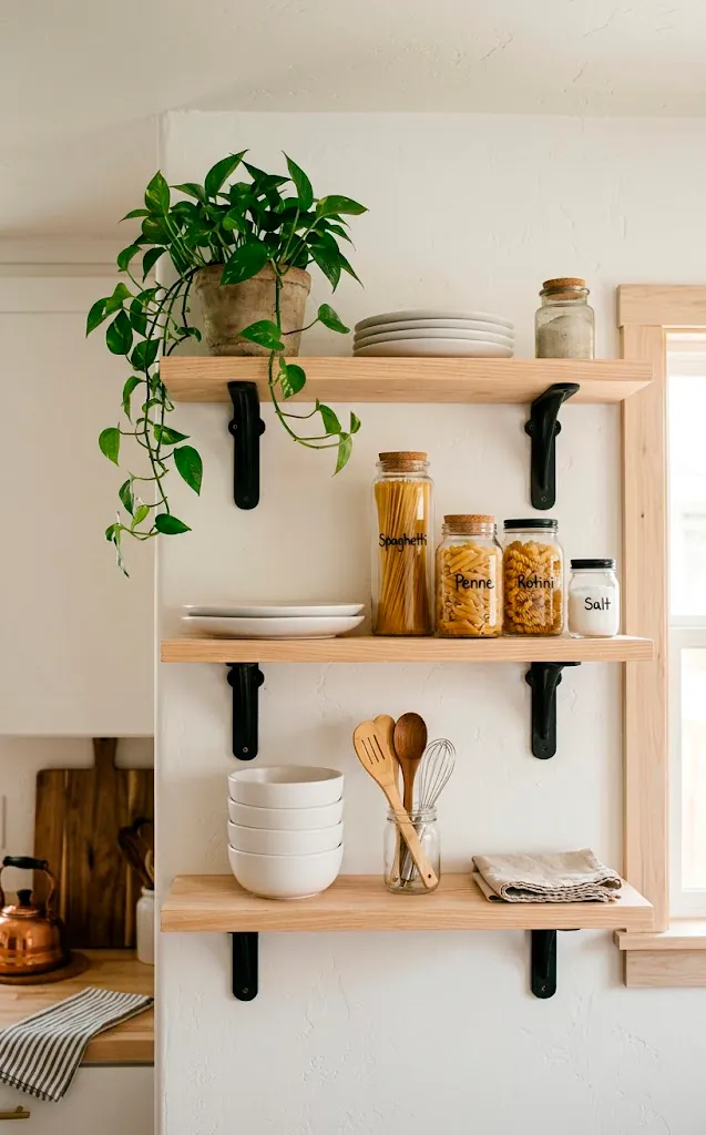 Light wood open kitchen shelves with black iron brackets displaying white dishes.