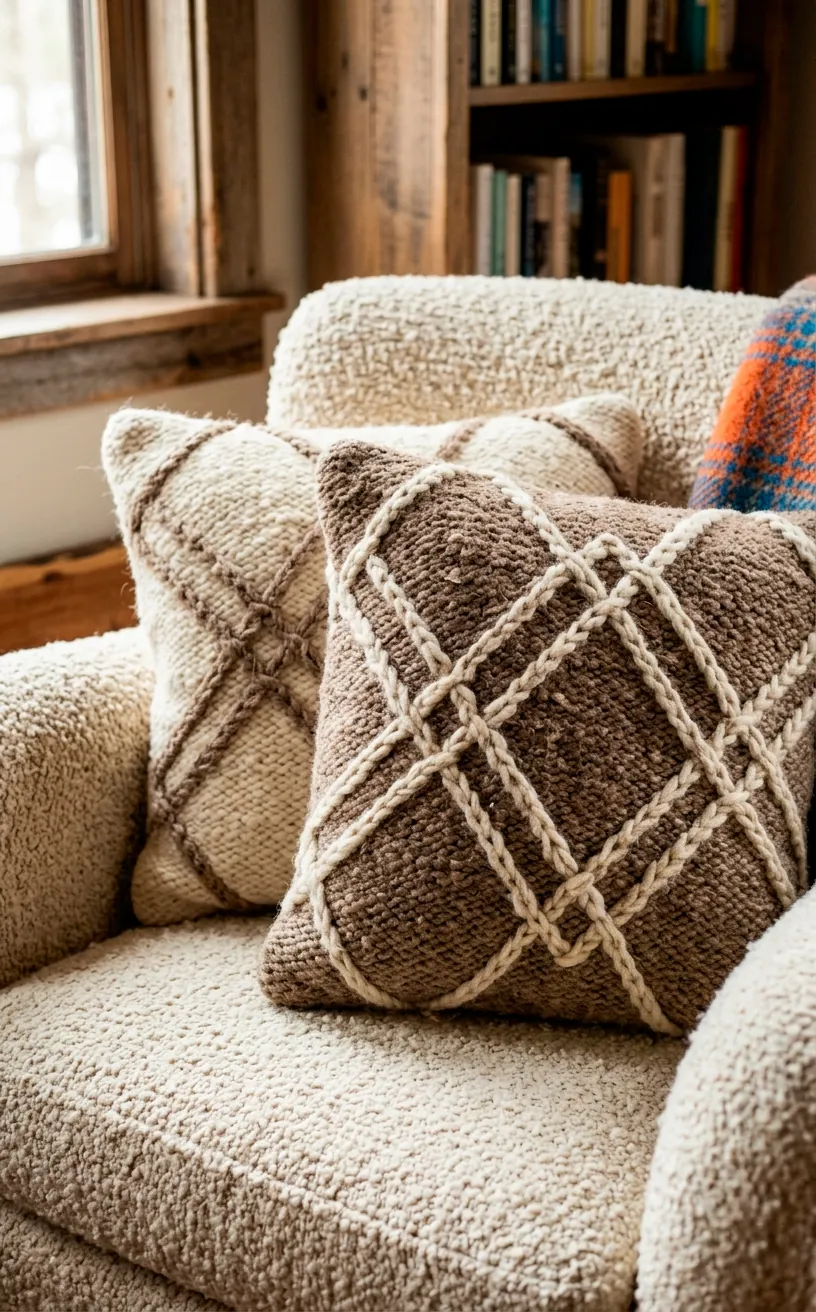 Cozy reading chair decorated with thick wool pillows featuring raised geometric trellis patterns