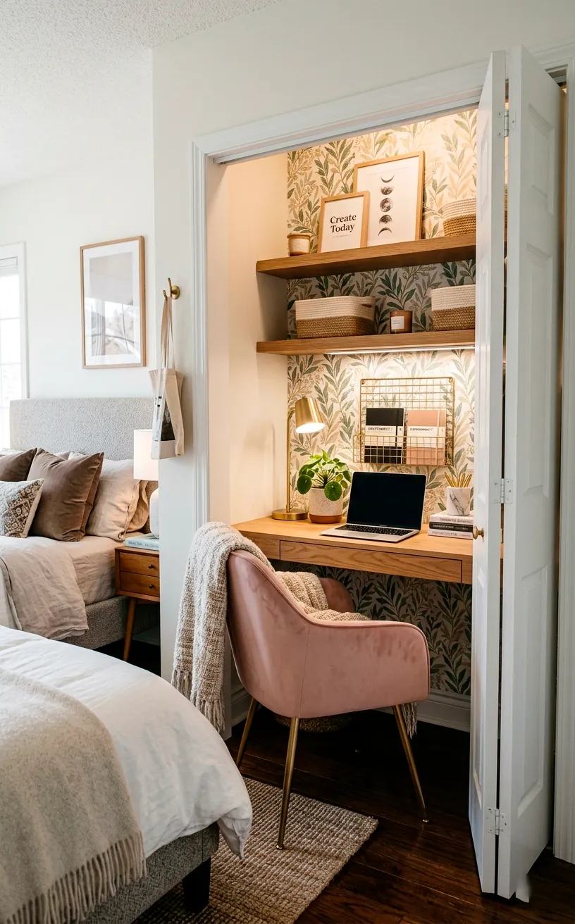 Stylish closet office with botanical wallpaper and a floating wooden desk