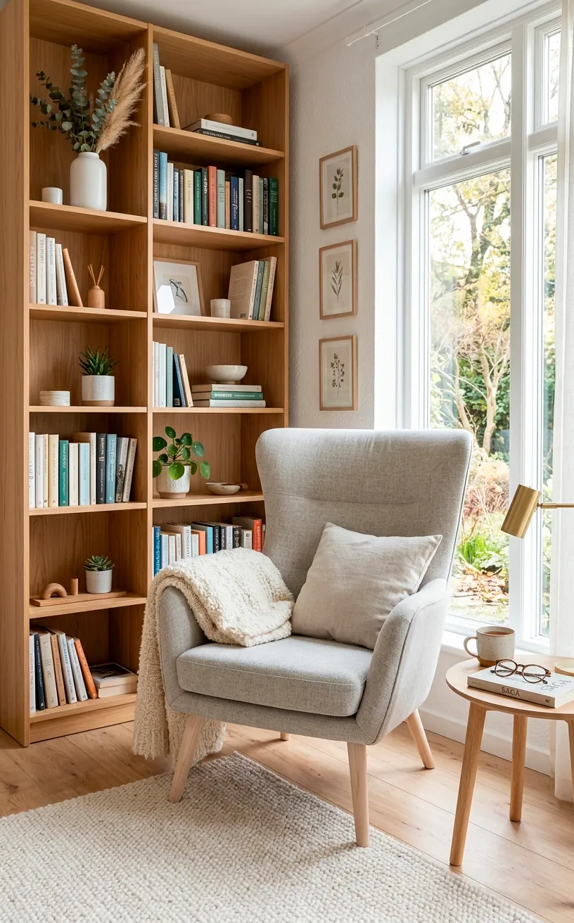 Light grey Scandinavian lounge chair with ash wood legs and a blonde wood bookshelf