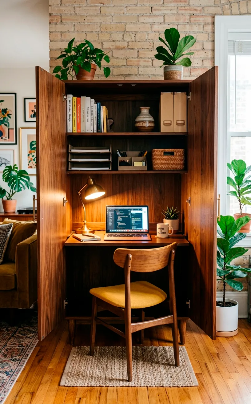 A vintage armoire opened to reveal a fully functional hidden home office.