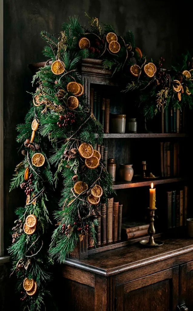 Natural pine garland with dried orange slices draped over a dark bookcase