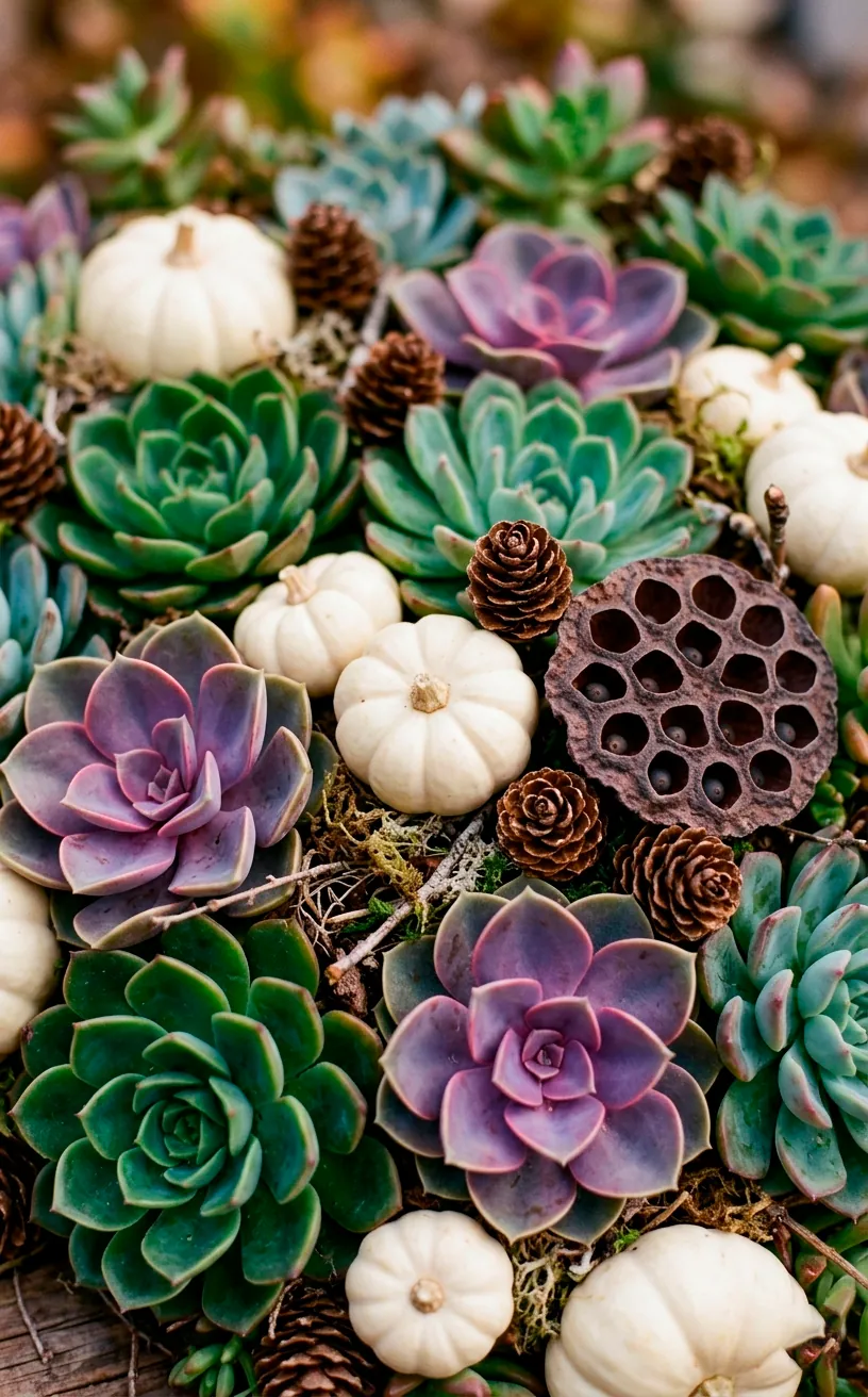Mini white pumpkins and dried lotus pods tucked beautifully among succulent leaves in a centerpiece.