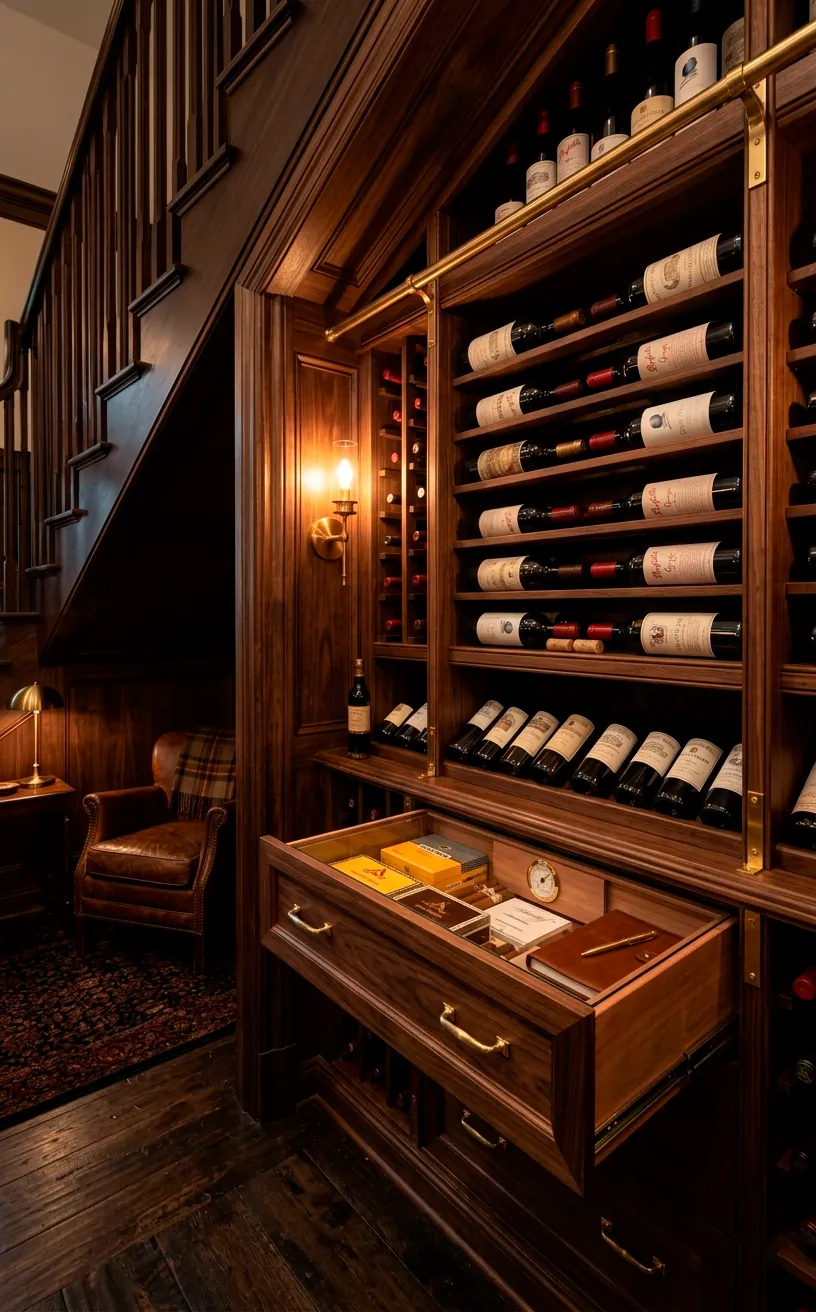 Classic dark walnut wine and cigar room under stairs with brass hardware
