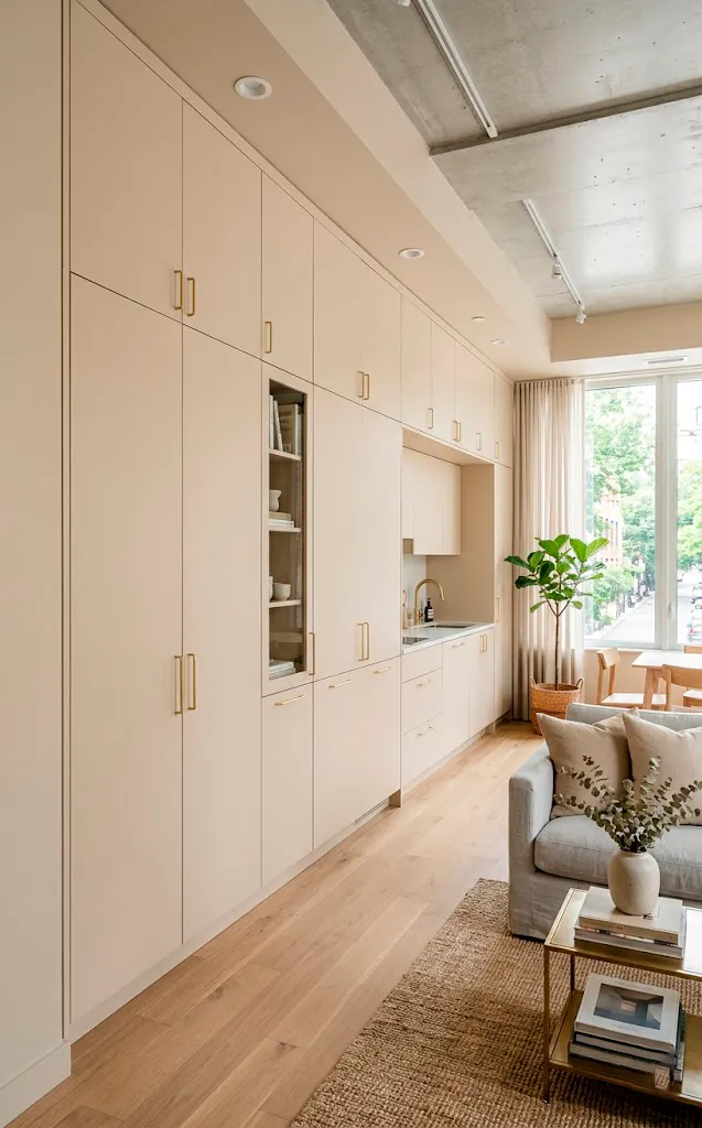 Seamless floor-to-ceiling built-in cabinets painted in soft beige matching the walls