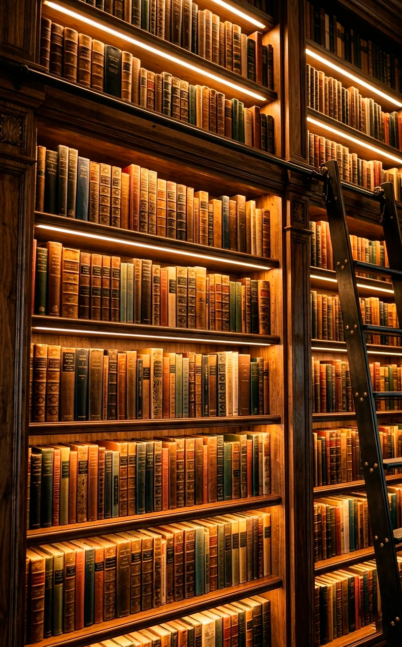 Wooden bookshelves softly illuminated by hidden warm white LED strip lights.