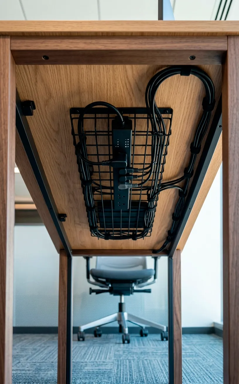 An under-desk cable management tray neatly hiding power strips and wires.
