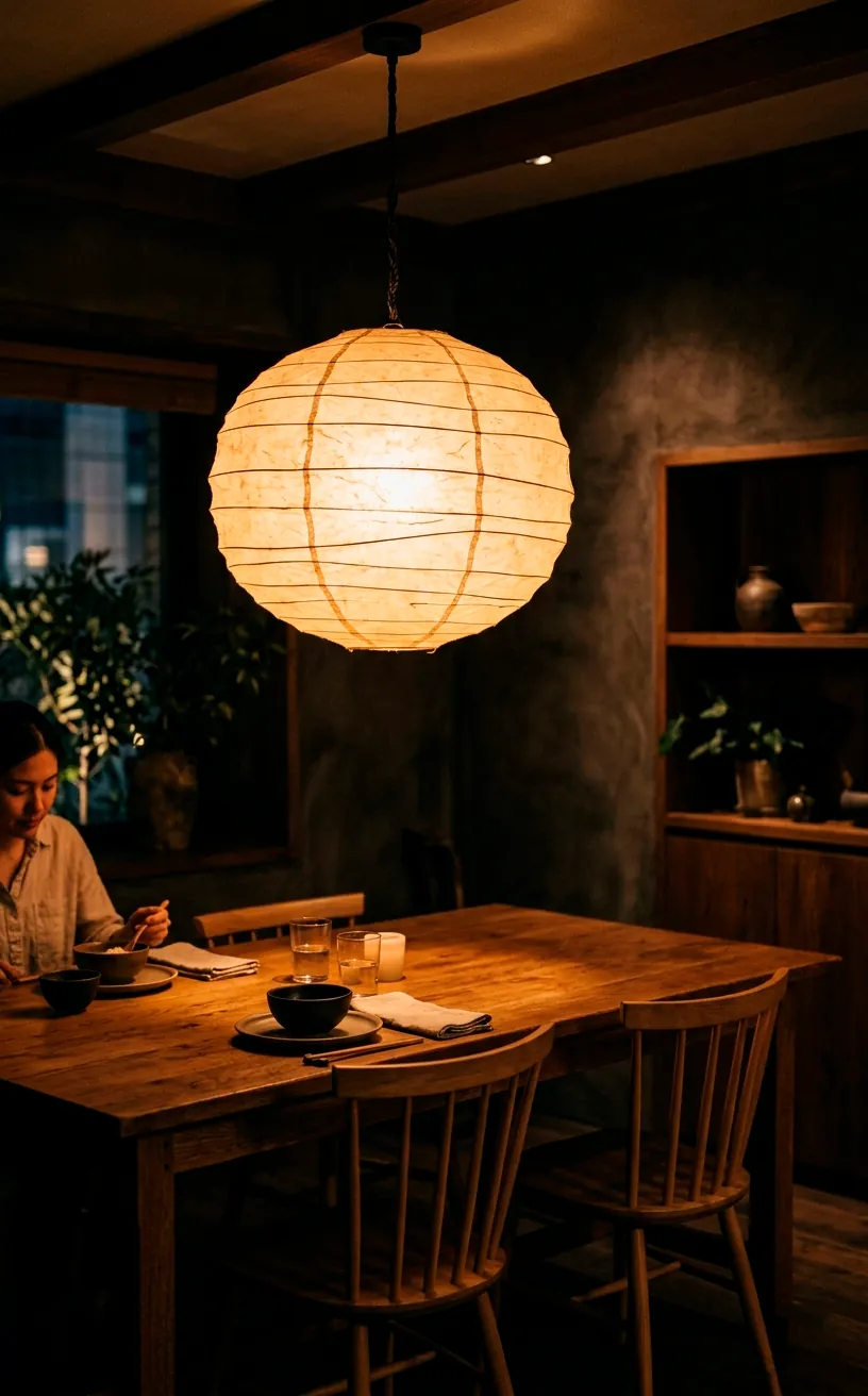 Glowing paper lantern pendant light hanging over a minimalist wooden dining table in a cozy room.