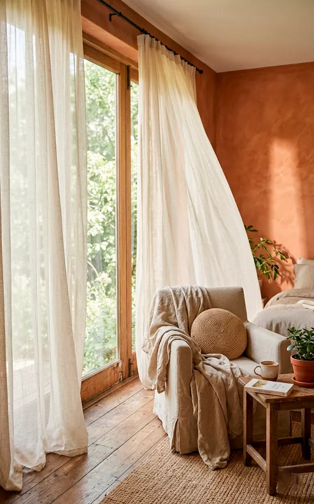 Floor-to-ceiling sheer unbleached cotton curtains blowing gently by a bedroom window in bright diffused sunlight.