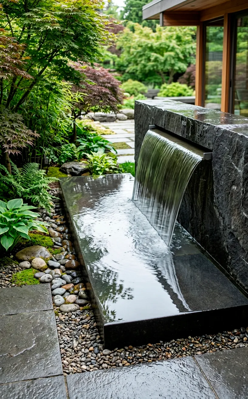 Architectural shallow water cascade over dark basalt stone on a modern patio.