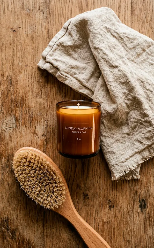 Textural gift items including a linen towel and wooden bath brush