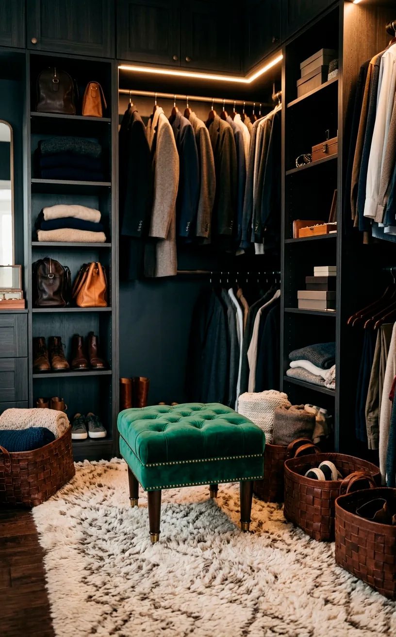 Emerald green velvet stool and woven leather baskets in a moody closet.